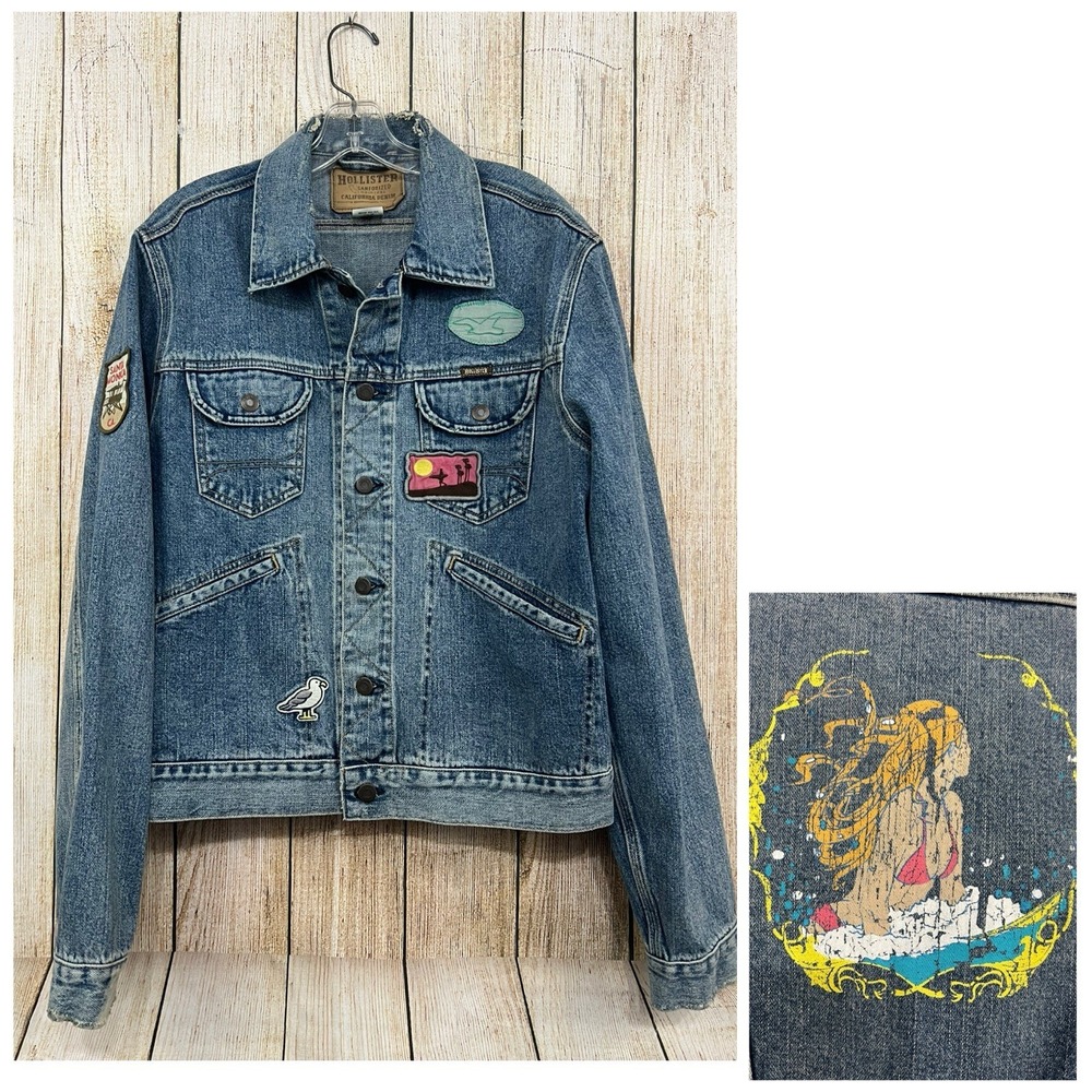 Vtg Y2K Hollister‎ Graphic Denim Jacket L Patches Surfer Trucker Grunge Coastal